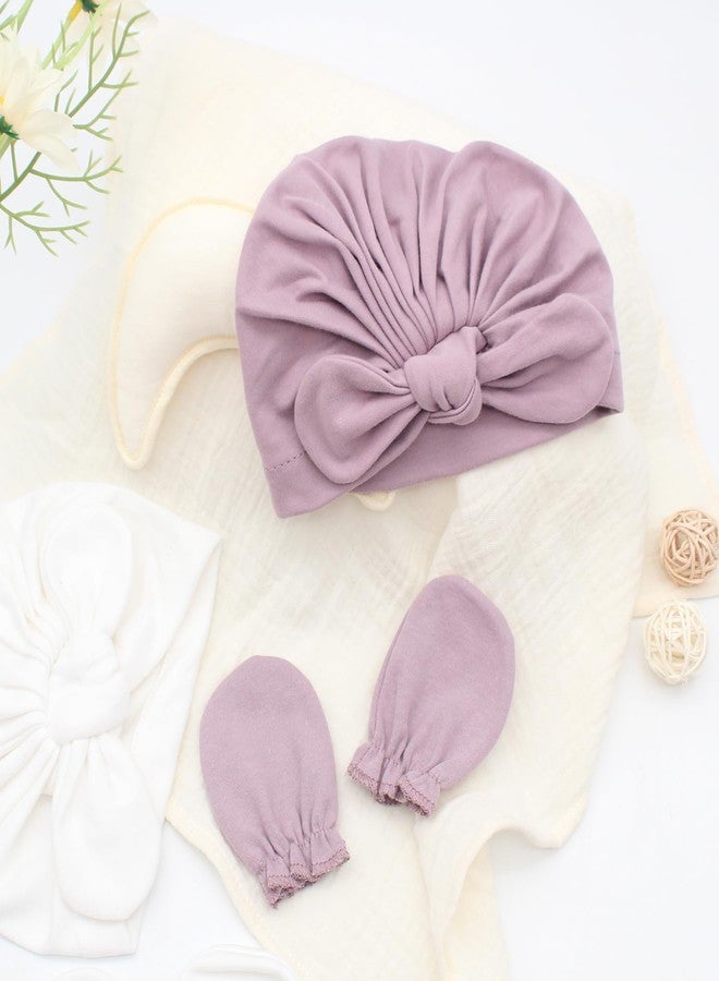 LIDHAY 4PCS Newborn Baby Hospital Hats Beanie Bow Infant Caps Cotton Preemie Hats No Scratch Mittens Set for 0-1 Years Old 03 - Image 4