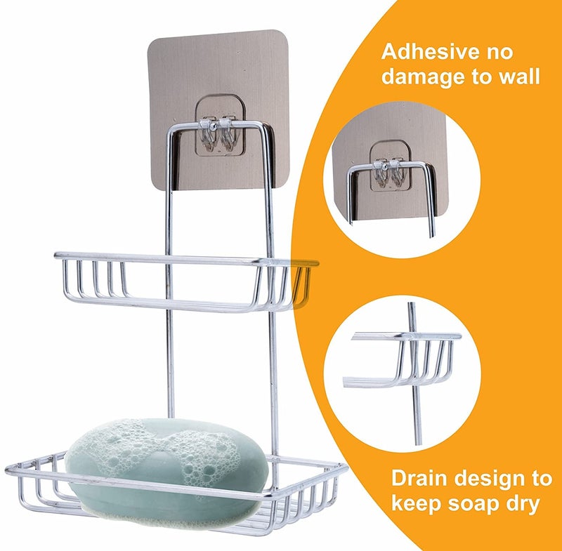 BONIRY Wall Mounted Double Layer soap Dish Holder Stainless Steel Wall Hanging Soap Storage Rack for Kitchen Bathroom-with Self Adhesive Magic Sticker - Silver - Image 2