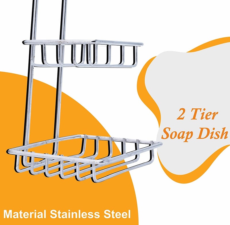 BONIRY Wall Mounted Double Layer soap Dish Holder Stainless Steel Wall Hanging Soap Storage Rack for Kitchen Bathroom-with Self Adhesive Magic Sticker - Silver - Image 3