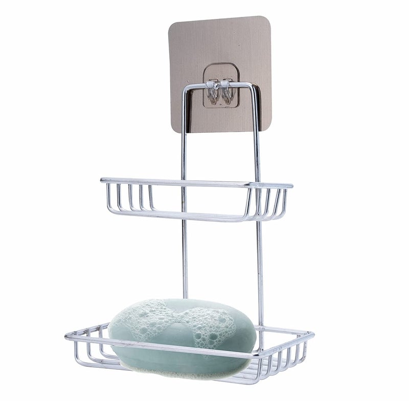 BONIRY Wall Mounted Double Layer soap Dish Holder Stainless Steel Wall Hanging Soap Storage Rack for Kitchen Bathroom-with Self Adhesive Magic Sticker - Silver - Image 1