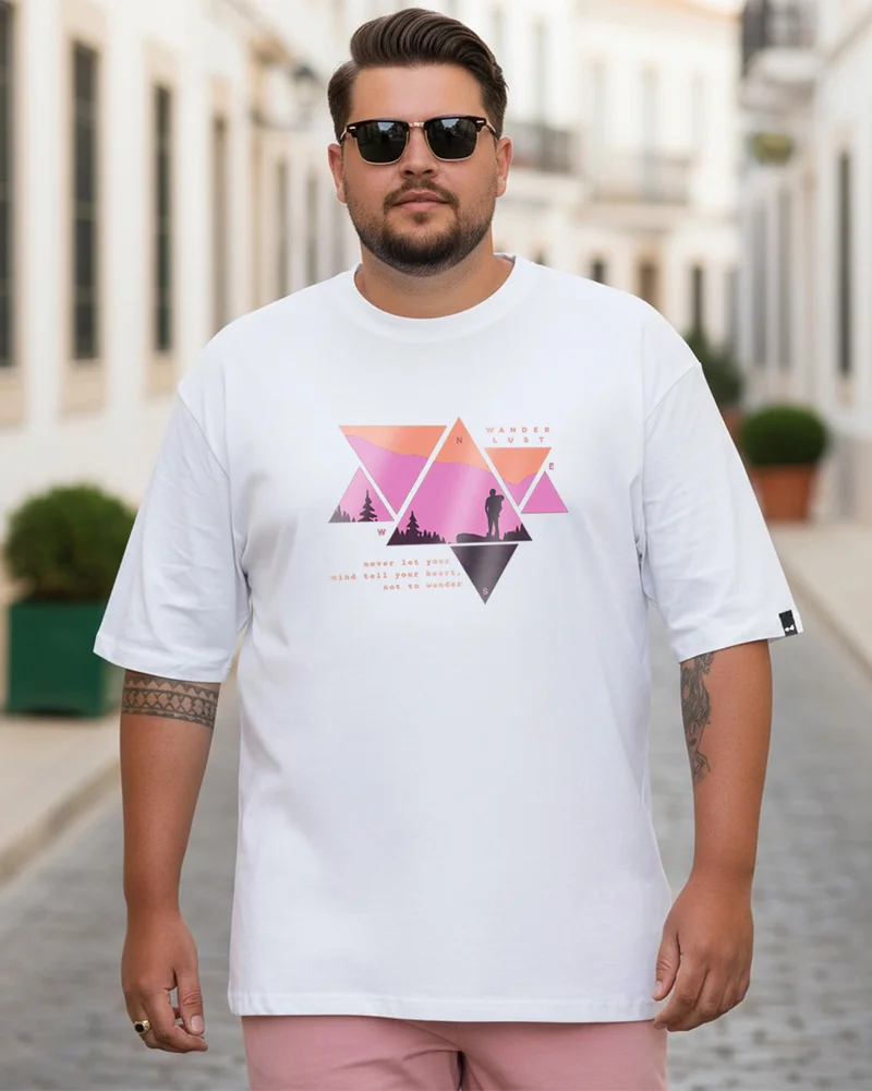 bewakoof Men's White Wander Geometry Graphic Printed Oversized Plus Size T-shirt
