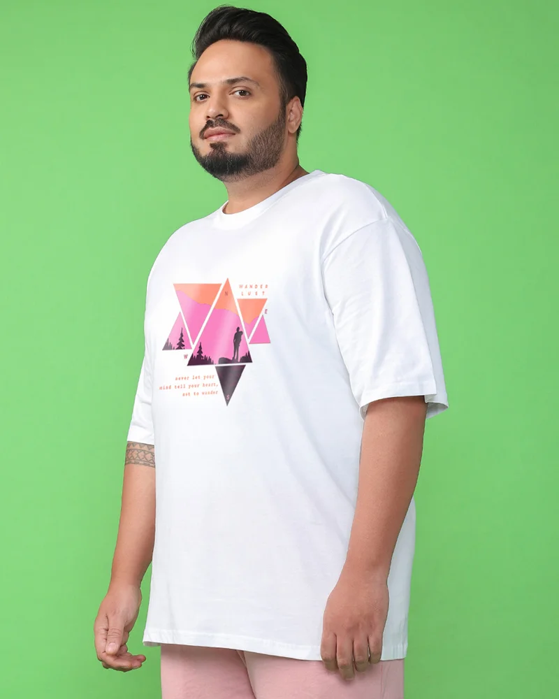 bewakoof Men's White Wander Geometry Graphic Printed Oversized Plus Size T-shirt
