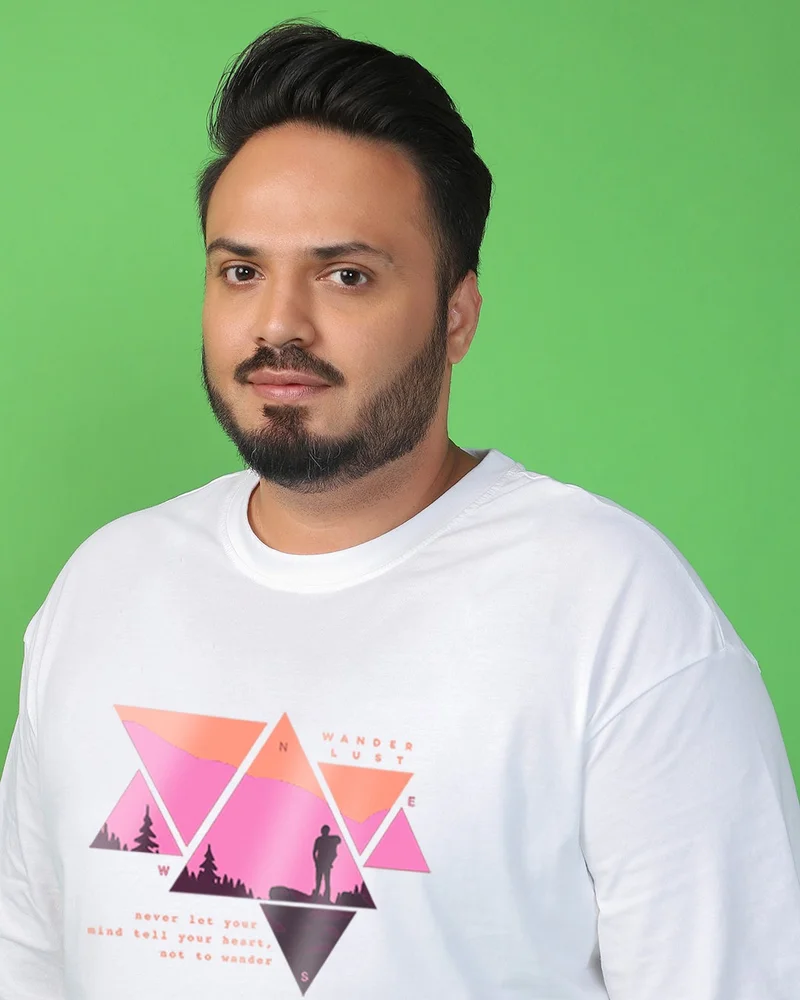 بيواكوف Men's White Wander Geometry Graphic Printed Oversized Plus Size T-shirt