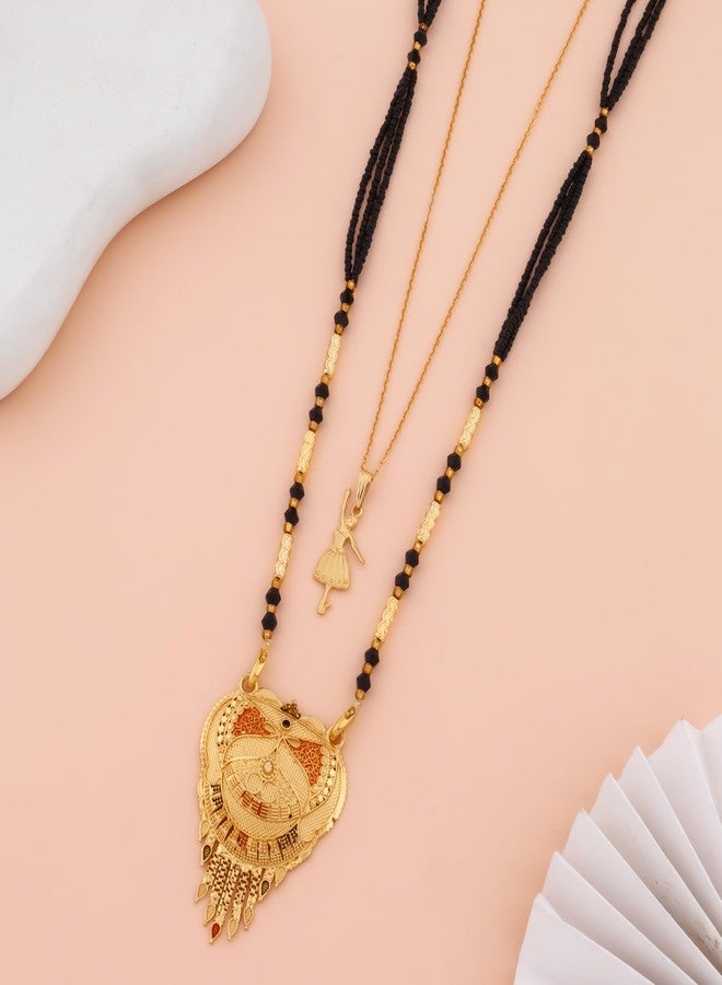 MALKYN Women's Gold Plated Peacock Motif Mangalsutra with Enamel Work and Ballerina Pendant Layered Necklace Set, Traditional Black Beaded Indian Wedding Jewelry-MD-030 - Image 2