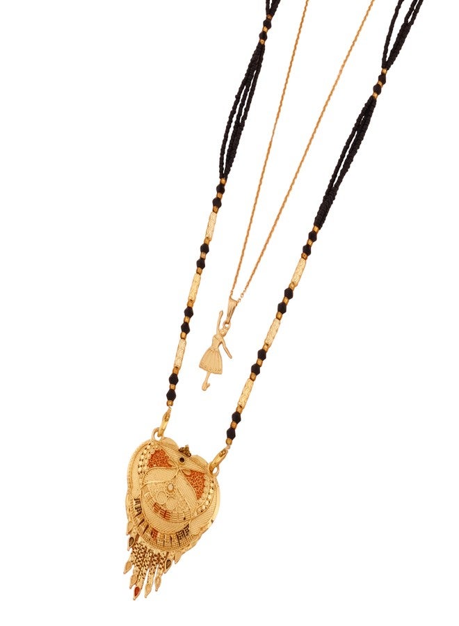 MALKYN Women's Gold Plated Peacock Motif Mangalsutra with Enamel Work and Ballerina Pendant Layered Necklace Set, Traditional Black Beaded Indian Wedding Jewelry-MD-030 - Image 1