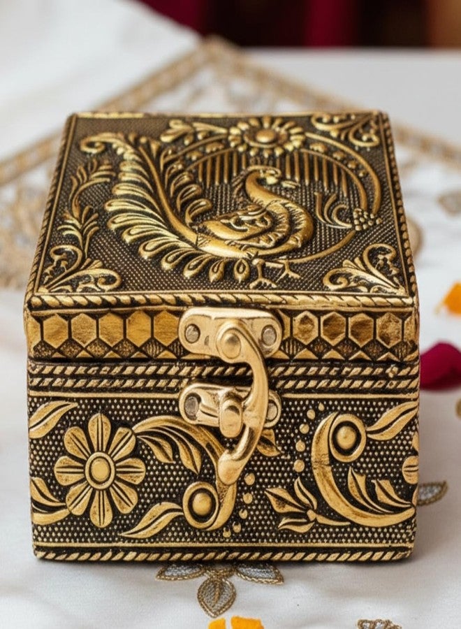 Trendifly Wooden Oxidised Jewellery Organiser Storage Box Small For Women | Wood Jewel Necklace Earrings Ring Multipurpose Storage Organizer Box | Wedding Anniversary Pooja Return Gift Favors - Image 1