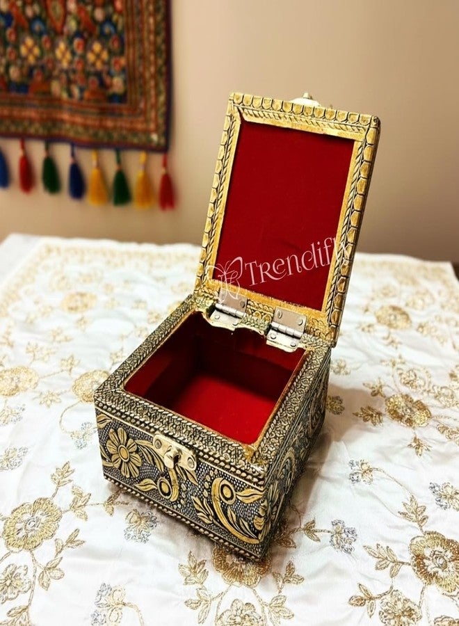 Trendifly Wooden Oxidised Jewellery Organiser Storage Box Small For Women | Wood Jewel Necklace Earrings Ring Multipurpose Storage Organizer Box | Wedding Anniversary Pooja Return Gift Favors - Image 2