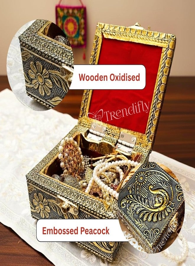Trendifly Wooden Oxidised Jewellery Organiser Storage Box Small For Women | Wood Jewel Necklace Earrings Ring Multipurpose Storage Organizer Box | Wedding Anniversary Pooja Return Gift Favors - Image 4