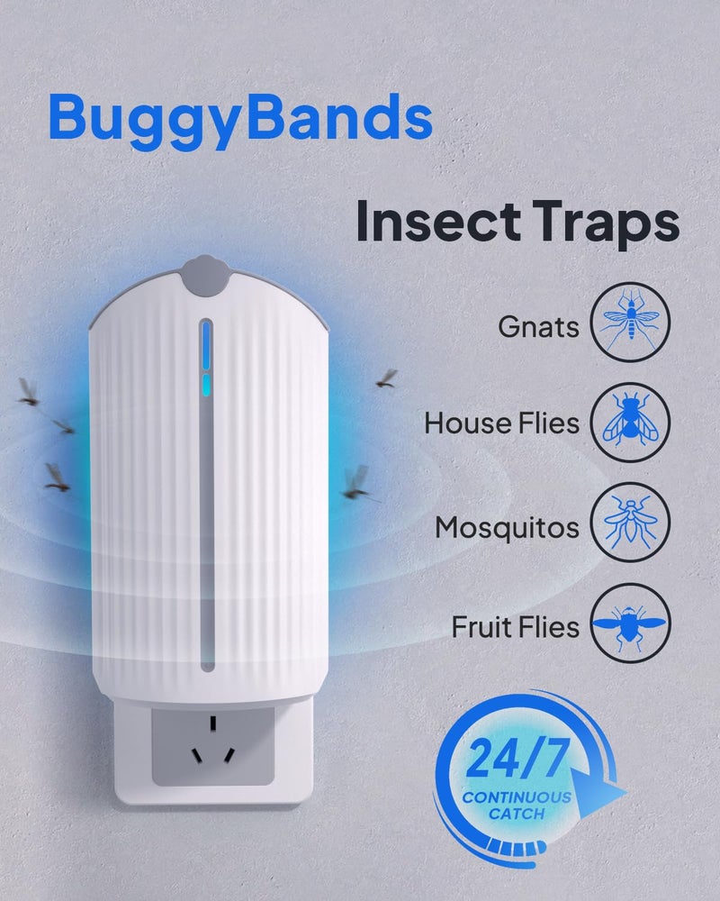 BuggyBands Flying Insect Trap, Fruit Fly Trap Plug in Indoor Bug Catcher with 8 Refill for Gnats, Moths, House & Fruit Flies - Refill Compatible with ZevoM364A/Max (2 Devices + 8 Refills) - Image 2