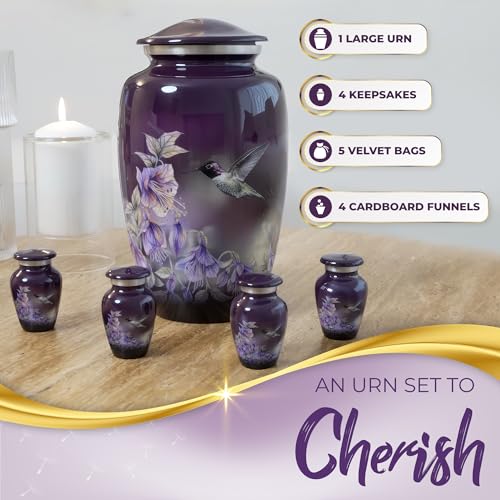 Spiritwind Set of 5 Beautiful Annas Hummingbird Urns for Human Ashes Adult Female 1 Large Purple Urn for Ashes for Women with 4 Keepsake Hummingbird Urns Beautifully Packaged with 4 Funnels 5 Velvet Bags - Image 3