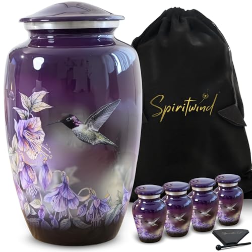 Spiritwind Set of 5 Beautiful Annas Hummingbird Urns for Human Ashes Adult Female 1 Large Purple Urn for Ashes for Women with 4 Keepsake Hummingbird Urns Beautifully Packaged with 4 Funnels 5 Velvet Bags - Image 1