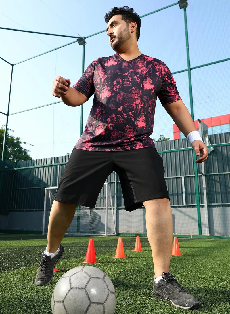 Instafab Plus  Men's Scarelet Red & Midnight Black Abstract-Imprint Activewear T-Shirt for Men | Best Price UAE