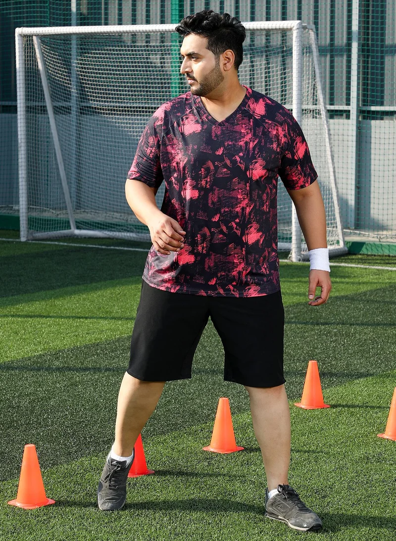 Instafab Plus  Men's Scarelet Red & Midnight Black Abstract-Imprint Activewear T-Shirt for Men | Best Price UAE