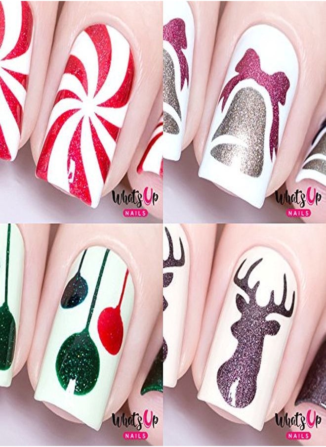 Whats Up Nails - Christmas Nail Vinyl Stencils 4 Pack (Peppermint Candy Bell Festive Globes Antler) For Nail Art Design - Image 1