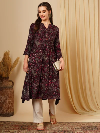 جلو باص Globus Women Purple Floral Printed Band Collar A-Line Kurta