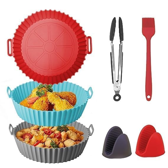 ZUSTPACK Air Fryer Silicone Liners 3 PCS Reusable Airfryer Silicone Pot Food Grade Air Fryer Liners 85 inch Easy Cleaning Silicone Air Fryer Baking Tray with Brush and thonegs - Image 1