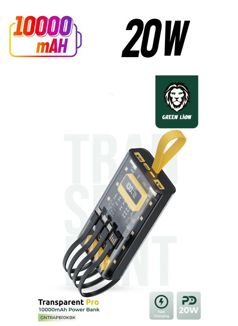 GREEN LION - 10000 mAh Transparent Pro Power Bank 10000mAh PD 20W Built in cable Lightning and Type-C and USB and Micro Digital Display 2 USB Port and 1 PD Type-c Port Fast Charging Powerbank - Black/Yellow - Image 1