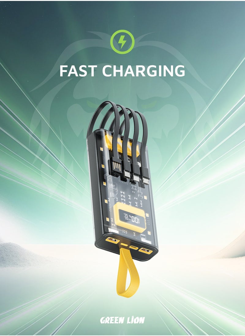 GREEN LION - 10000 mAh Transparent Pro Power Bank 10000mAh PD 20W Built in cable Lightning and Type-C and USB and Micro Digital Display 2 USB Port and 1 PD Type-c Port Fast Charging Powerbank - Black/Yellow - Image 1