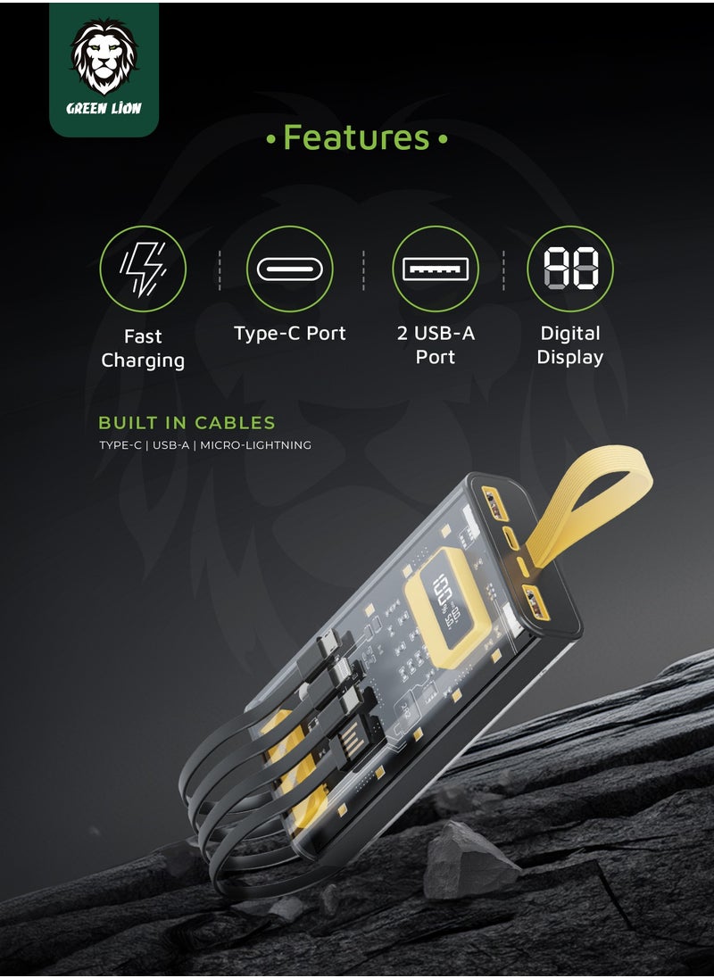 GREEN LION - 10000 mAh Transparent Pro Power Bank 10000mAh PD 20W Built in cable Lightning and Type-C and USB and Micro Digital Display 2 USB Port and 1 PD Type-c Port Fast Charging Powerbank - Black/Yellow - Image 1