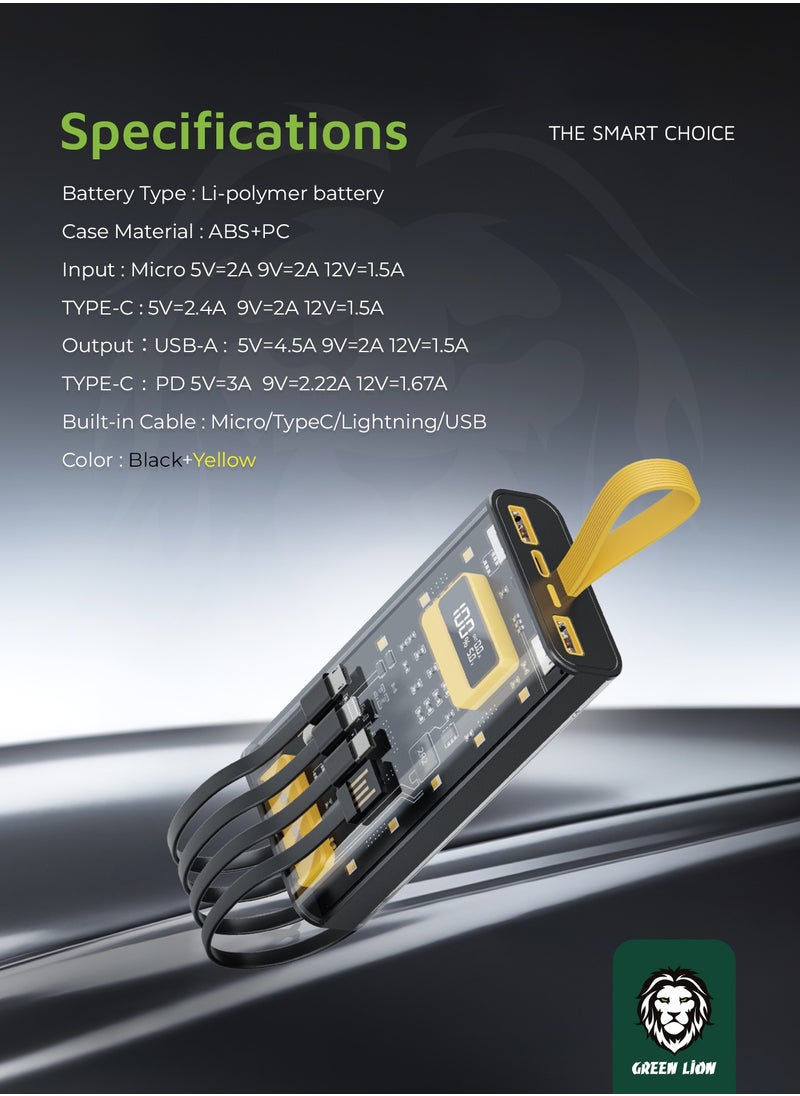 GREEN LION - 10000 mAh Transparent Pro Power Bank 10000mAh PD 20W Built in cable Lightning and Type-C and USB and Micro Digital Display 2 USB Port and 1 PD Type-c Port Fast Charging Powerbank - Black/Yellow - Image 1