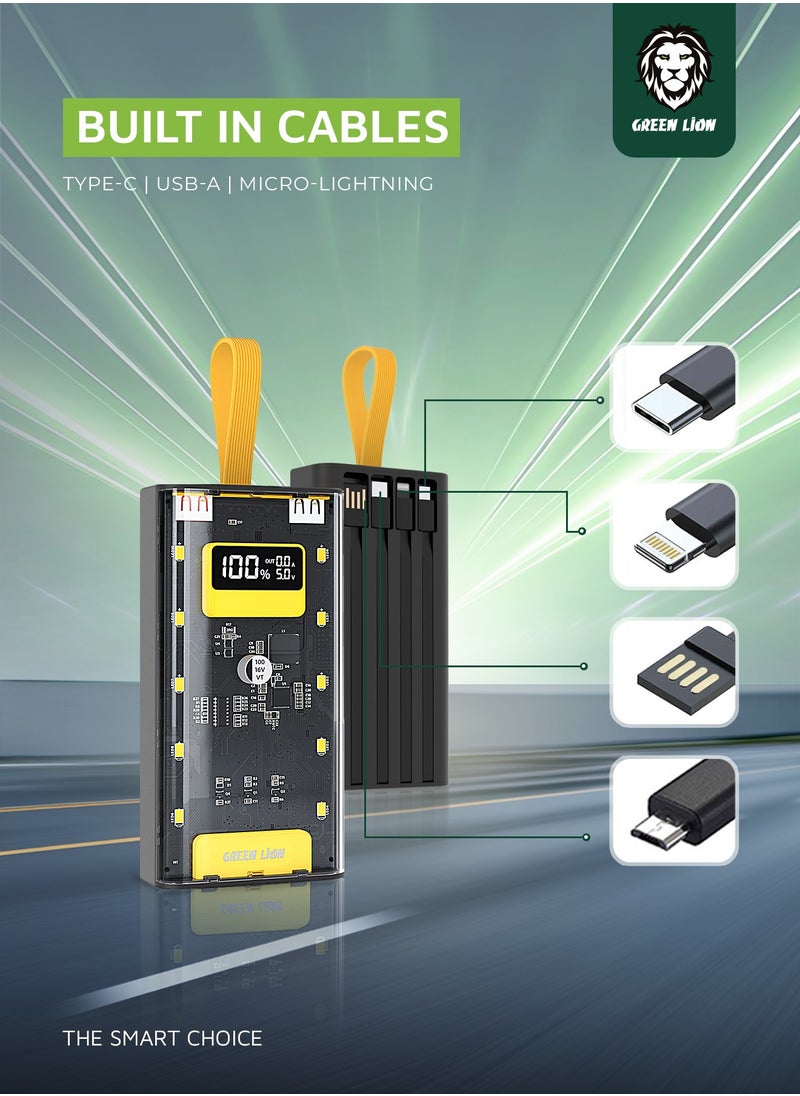 GREEN LION - 10000 mAh Transparent Pro Power Bank 10000mAh PD 20W Built in cable Lightning and Type-C and USB and Micro Digital Display 2 USB Port and 1 PD Type-c Port Fast Charging Powerbank - Black/Yellow - Image 1