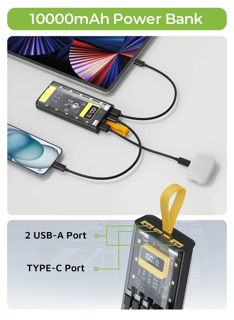 GREEN LION - 10000 mAh Transparent Pro Power Bank 10000mAh PD 20W Built in cable Lightning and Type-C and USB and Micro Digital Display 2 USB Port and 1 PD Type-c Port Fast Charging Powerbank - Black/Yellow - Image 1
