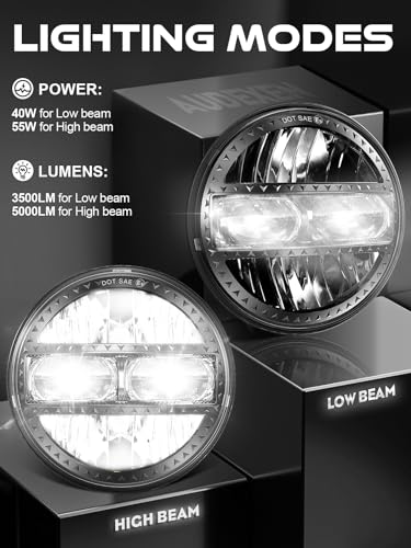 AUDEXEN 5.75 Inch Led Headlight 55W 5-3/4" Round Headlight Compatible with Harley Dyna Sportster Street Bob Softail Iron 883 Street Rod Deuce Custom Super Wide Glide Motorcycle, Chrome - Image 2
