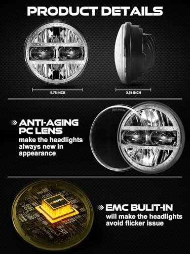 AUDEXEN 5.75 Inch Led Headlight 55W 5-3/4" Round Headlight Compatible with Harley Dyna Sportster Street Bob Softail Iron 883 Street Rod Deuce Custom Super Wide Glide Motorcycle, Chrome - Image 5