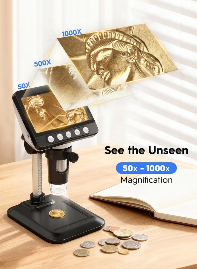 WKR Digital Microscope, 4.3" LCD USB Coin Microscope, 1080P Error Coin Magnifier with 8 Adjustable LED Lights, PC View, Compatible with Windows for Adults Kids - Image 2