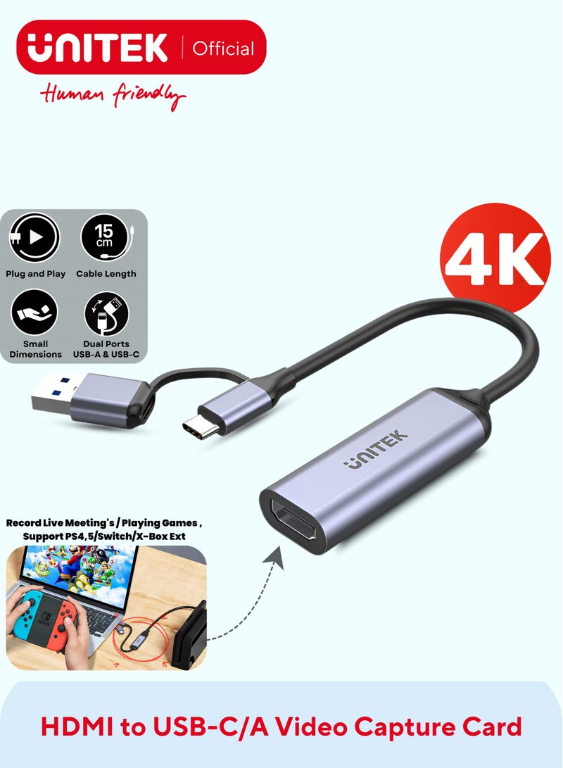 UNITEK بطاقة التقاط الفيديو HDMI إلى USB-C/A، إدخال 4K، إخراج 1080p، 60 إطار في الثانية، توصيل وتشغيل، زمن انتقال منخفض، معاينة في الوقت الحقيقي، متوافقة مع الكمبيوتر، ماك، الهواتف المحمولة والأجهزة اللوحية - Image 1
