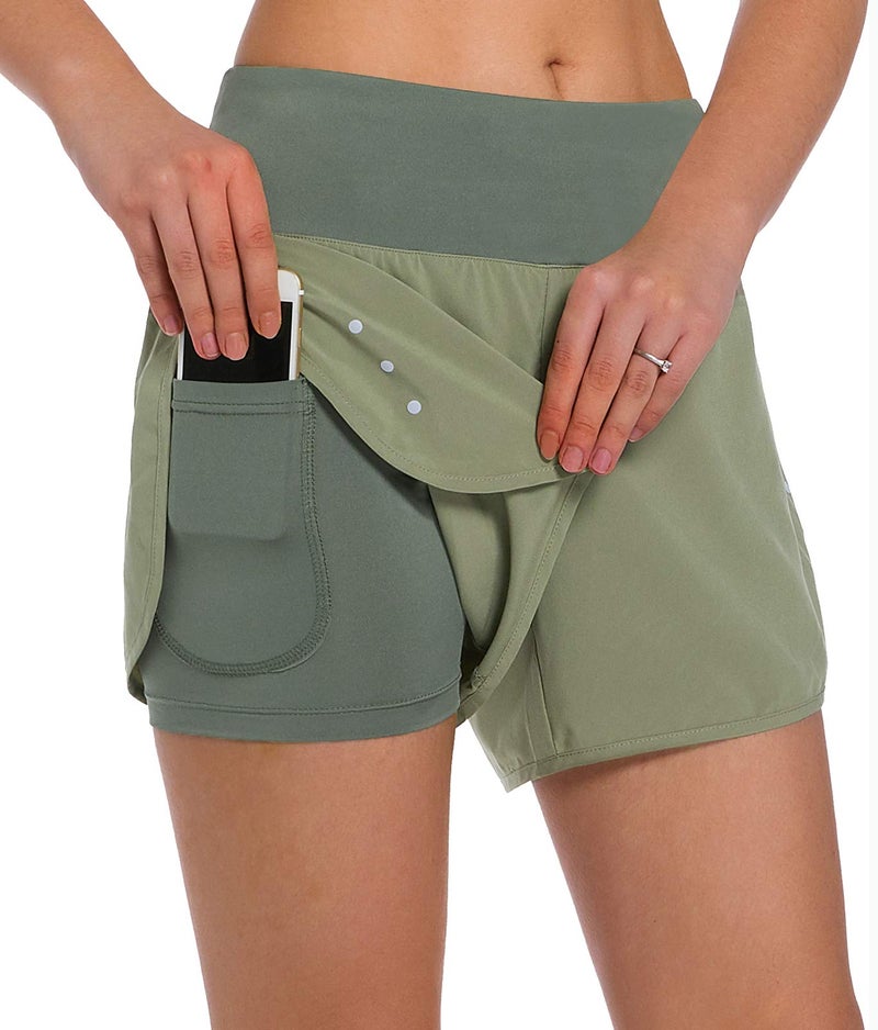 Ksmien Women's 2 in 1 Running Shorts - Lightweight Athletic Workout Gym Yoga Shorts Liner with Phone Pockets Green - Image 1
