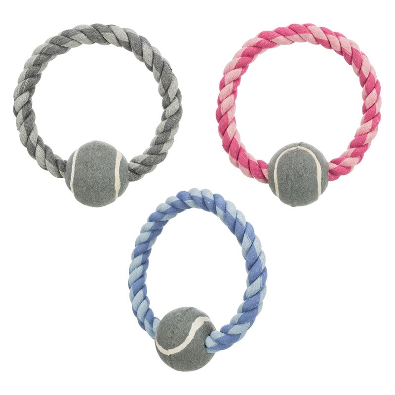 Trixie Pet Playing Ring Rope Toy with Tennis Ball for Dogs, Cotton/Polyester Material, Dog Chew Toy, Interactive Rope Dog Toy, Dental Hygiene (Get Any 1 Color) - 1pc - Image 1