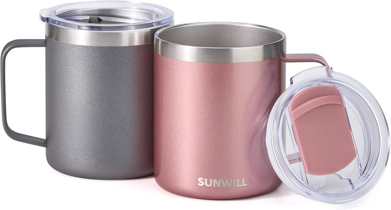 SUNWILL Travel Coffee Mug with Lid, Insulated Tumbler with Handle, 14 oz Stainless Steel Cup Set of 2 for Camping, Outdoor, Cool Grey & Rose Gold 2 Pack - Image 2