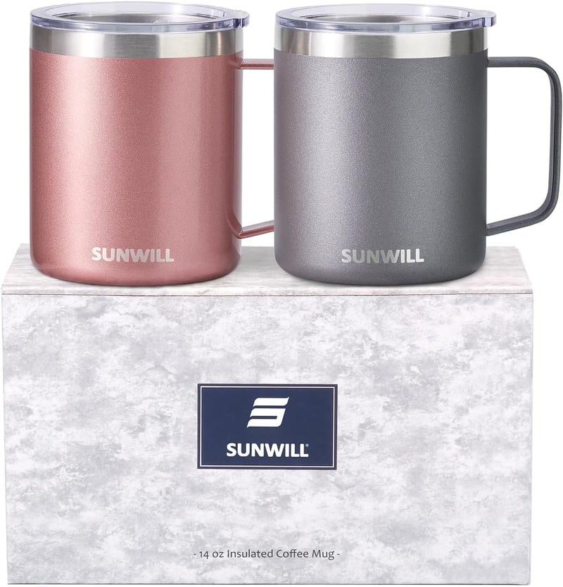 SUNWILL Travel Coffee Mug with Lid, Insulated Tumbler with Handle, 14 oz Stainless Steel Cup Set of 2 for Camping, Outdoor, Cool Grey & Rose Gold 2 Pack - Image 1