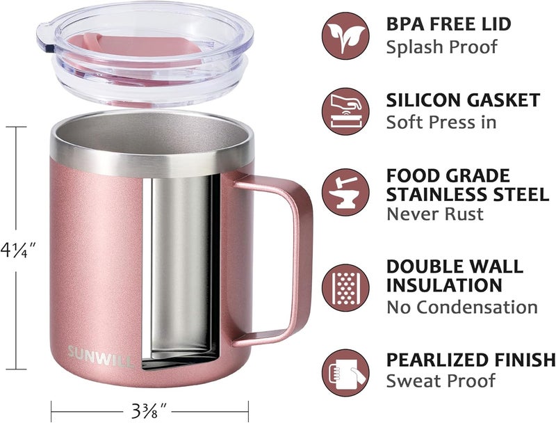 SUNWILL Travel Coffee Mug with Lid, Insulated Tumbler with Handle, 14 oz Stainless Steel Cup Set of 2 for Camping, Outdoor, Cool Grey & Rose Gold 2 Pack - Image 3