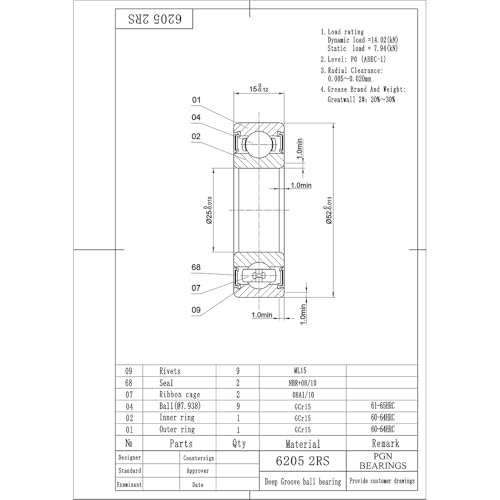 PGN Bearings محامل PGN (10 عبوة) 6205-2RS - محامل كروية مغلقة من الفولاذ الكرومي المشحم - 25x52x15 مم مع ختم مطاطي ودعم عالي السرعة - Image 2