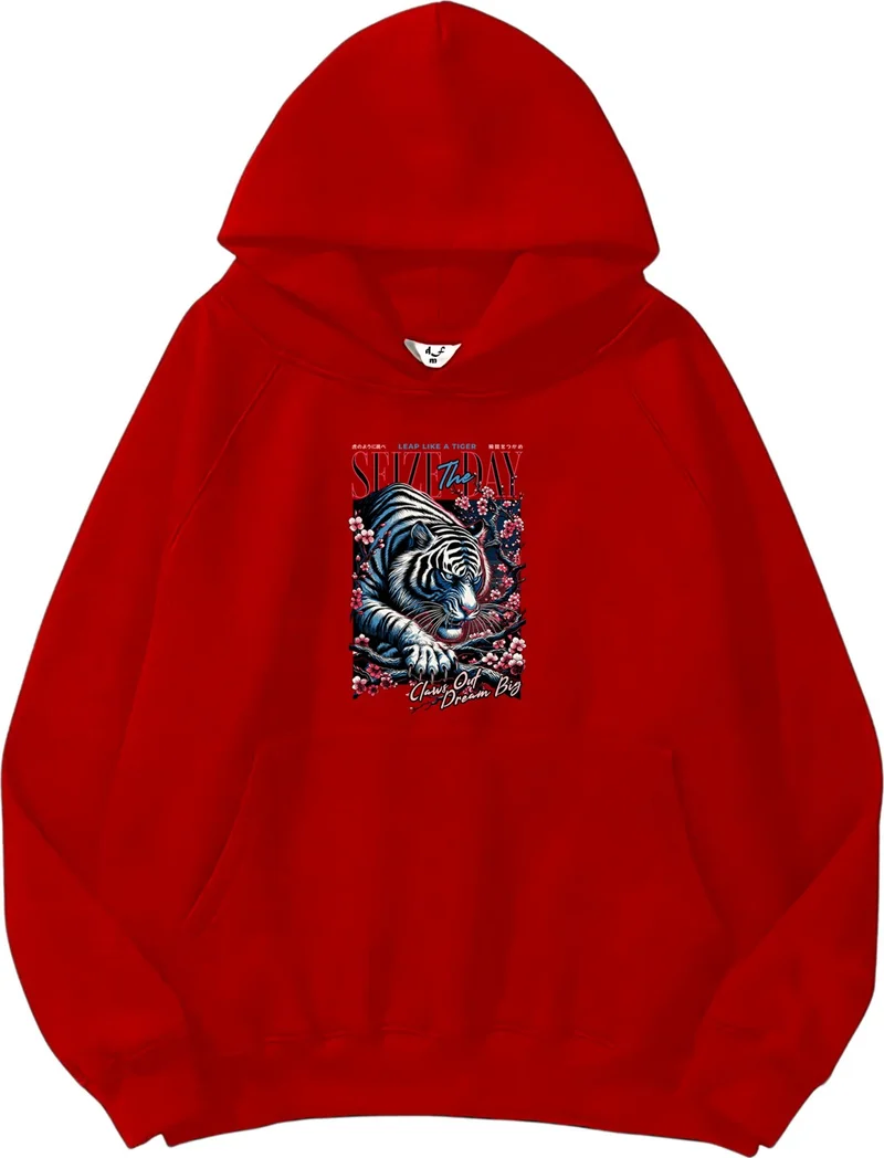 DogFish Women, Men's Sweatshirt Oversize Tiger Leap Printed Thick Red Lover Sweatshirt