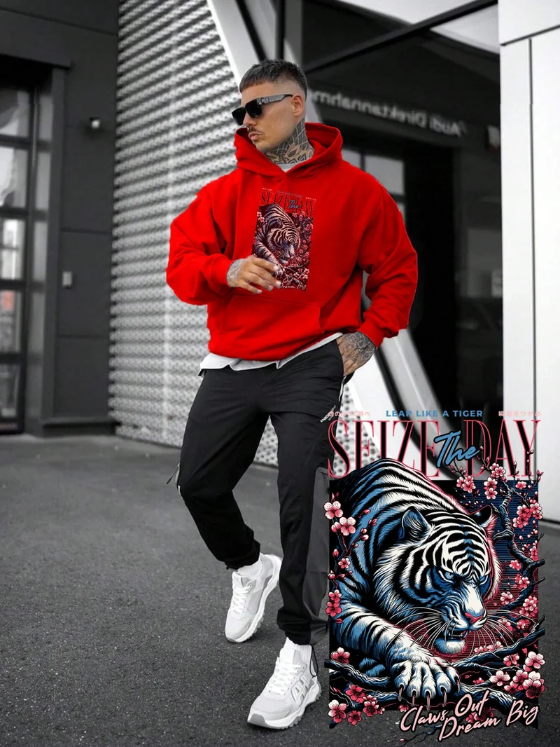 DogFish Women, Men's Sweatshirt Oversize Tiger Leap Printed Thick Red Lover Sweatshirt