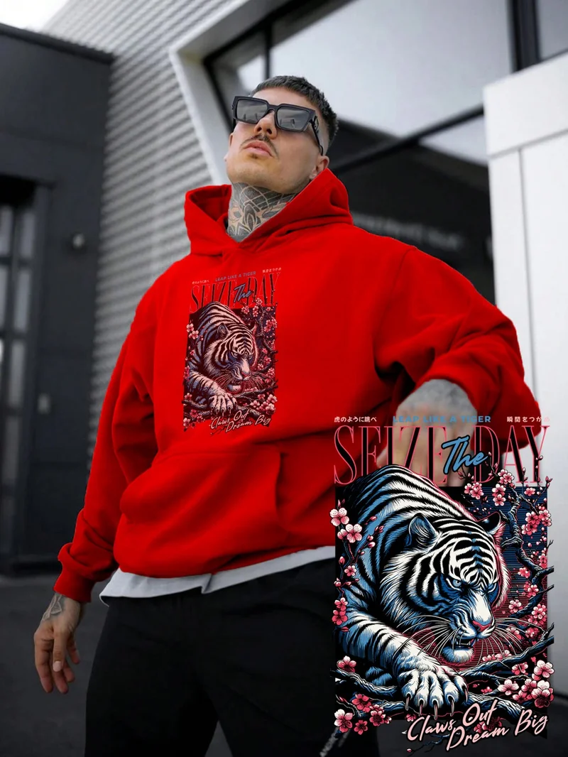 DogFish Women, Men's Sweatshirt Oversize Tiger Leap Printed Thick Red Lover Sweatshirt