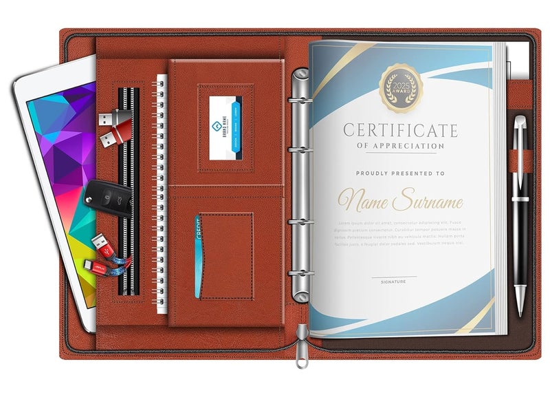 FEDUS حافظة مستندات بحجم شهادة فولسكيب (أكبر من حجم A4) حافظة مستندات جلدية برباط 4 حلقات مع 20 ورقة (300 ميكرون) بني - Image 1