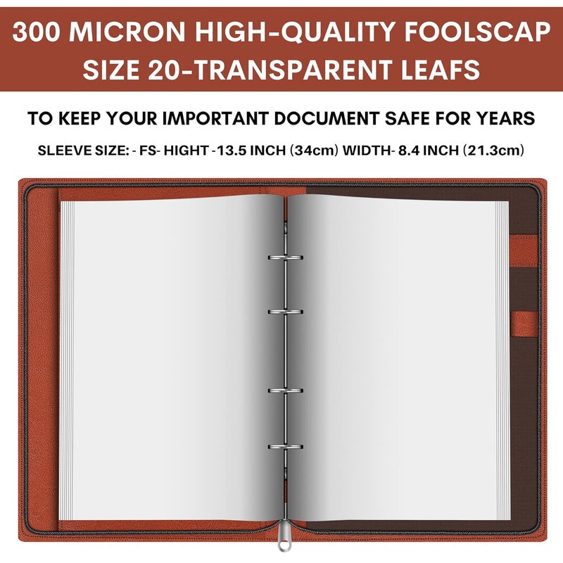 FEDUS حافظة مستندات بحجم شهادة فولسكيب (أكبر من حجم A4) حافظة مستندات جلدية برباط 4 حلقات مع 20 ورقة (300 ميكرون) بني - Image 4