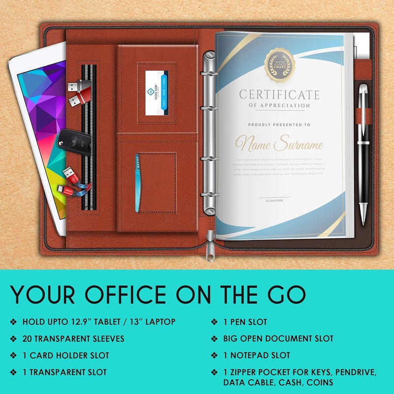 FEDUS حافظة مستندات بحجم شهادة فولسكيب (أكبر من حجم A4) حافظة مستندات جلدية برباط 4 حلقات مع 20 ورقة (300 ميكرون) بني - Image 2