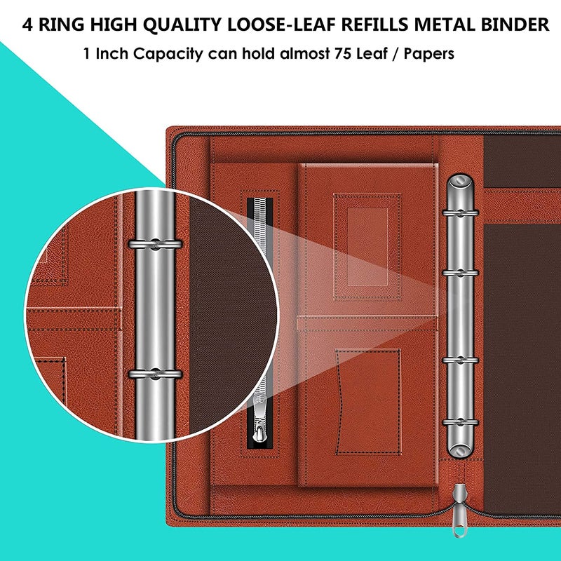 FEDUS حافظة مستندات بحجم شهادة فولسكيب (أكبر من حجم A4) حافظة مستندات جلدية برباط 4 حلقات مع 20 ورقة (300 ميكرون) بني - Image 3