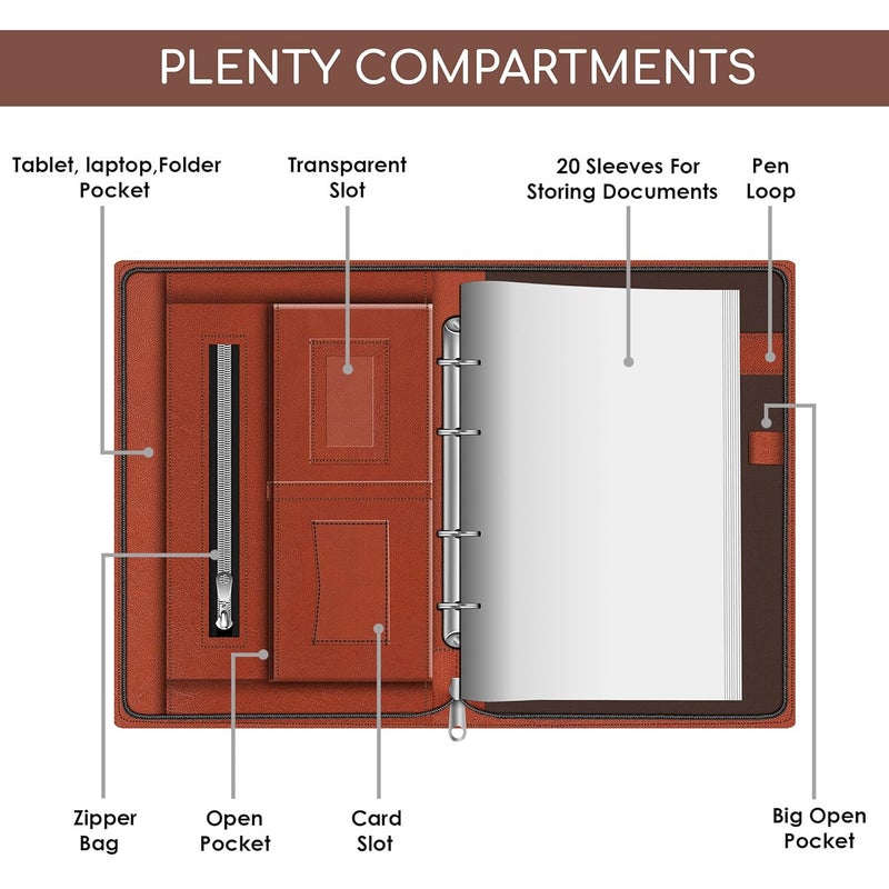FEDUS حافظة مستندات بحجم شهادة فولسكيب (أكبر من حجم A4) حافظة مستندات جلدية برباط 4 حلقات مع 20 ورقة (300 ميكرون) بني - Image 5