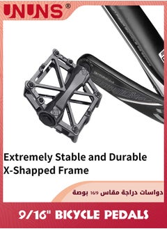 UNUNS دواسات دراجات الطرق، دواسات دراجات مقاس 9/16 بوصة، دواسة مسطحة من سبائك الألومنيوم مع 16 دبوسًا مضادًا للانزلاق، دواسات منصة خفيفة الوزن عالمية مع شريط عاكس للدراجات BMX/MTB، دراجة كروس، دراجة تمارين  - Image 2