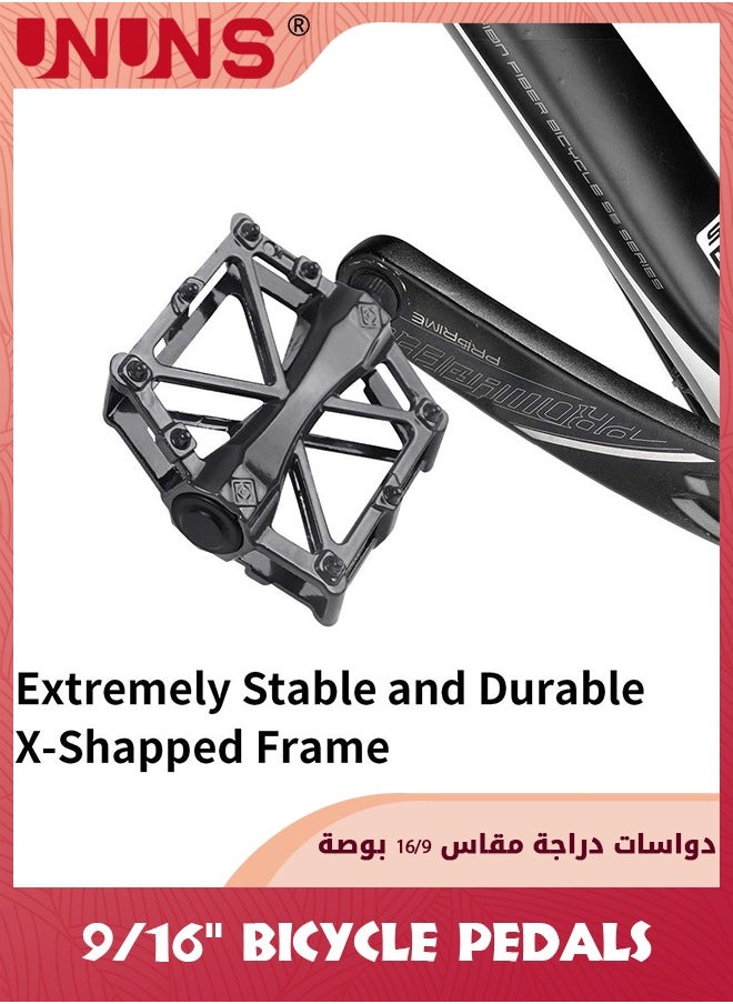UNUNS Road Bike Pedals,9/16" Bicycle Pedals,Aluminum Alloy Cycling Flat Pedal With 16 Anti-Skid Pins,Universal Lightweight Platform Pedals With Reflective Strip For BMX/MTB,Cycle-Cross Bike,Exercise Bike  - Image 2