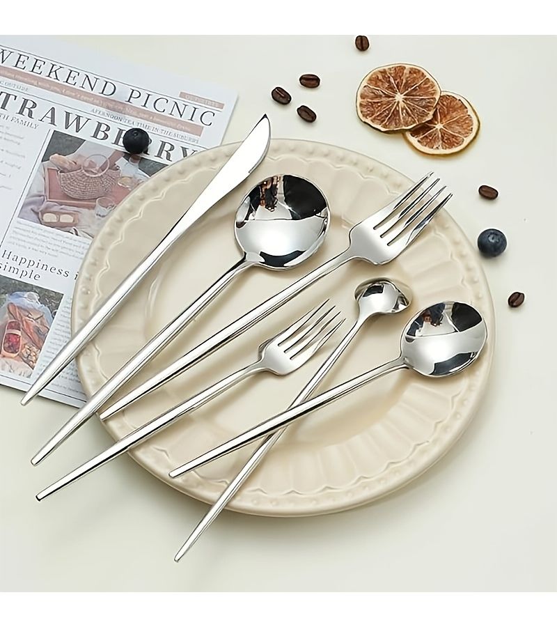 4 Pieces Silvery Stainless Steel Cutlery Set Mirror Polished Fork Spoon Knife Tea Spoon Dishwasher Safe For Kitchen Camping Outdoor Christmas Party Gift Professional Cutlery - Image 4