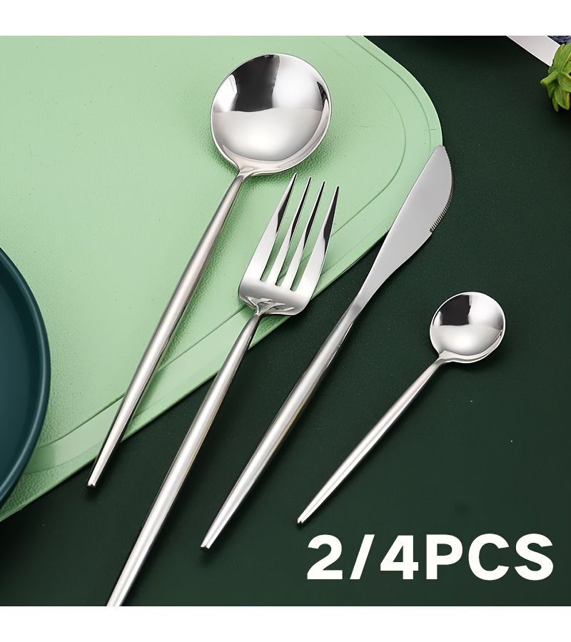 4 Pieces Silvery Stainless Steel Cutlery Set Mirror Polished Fork Spoon Knife Tea Spoon Dishwasher Safe For Kitchen Camping Outdoor Christmas Party Gift Professional Cutlery - Image 1