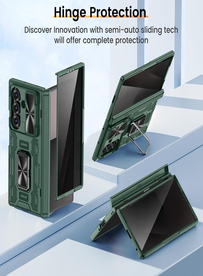 VEGO for Samsung Galaxy Z Fold 7 Case with Hinge Protection, Full-Body Case Built-in Privacy Screen Protector & Slide Camera Cover & Rotat Ring Stand Shockproof Hard Phone Case for Galaxy Fold 7-Green - Image 4