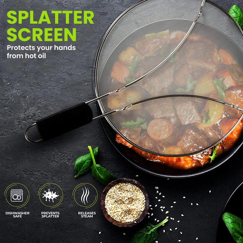 KAFOOR 13" Grease Splatter Screen for Cooking | Stainless Steel Oil Splatter Guard and Ultra-Fine Mesh Protects Skin from Burns | TPR Tight-Grip Handle (Black) - Image 2